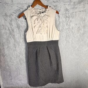 Max and Cleo Sleeveless Ruffle Neck Sheath Dress Gray White Size 10